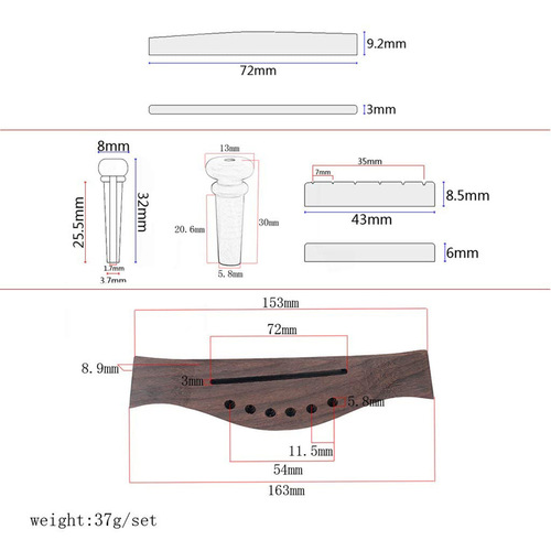 Folk guitar rosewood bridge + upper and lower saddles + string pins set