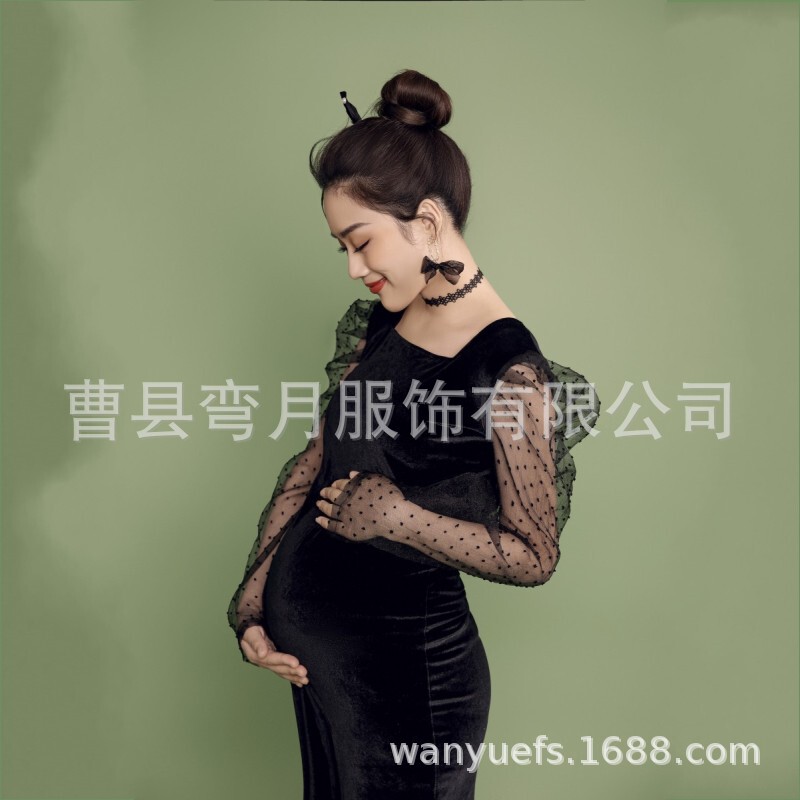 Studio New pregnant women's photo black puff sleeve dress fashion big belly mommy Photo Art Photo Photo Photo photography clothing