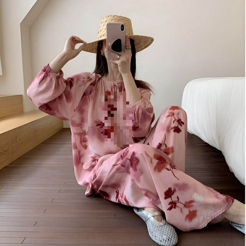 綿シルクパジャマセット女性のホーム服春と夏のパジャマ女性の夏フレンチレトロラウンドネック屋外で着用可能|undefined