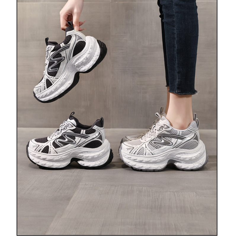 Giày sneaker nữ chunky đế dày lưới thoáng khí, tăng chiều cao — Xám đen chi tiết 17