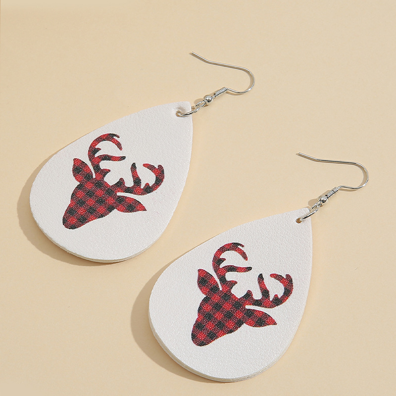 New Christmas Red Lattice Small Elk Pattern Leather Earrings Wholesale display picture 4