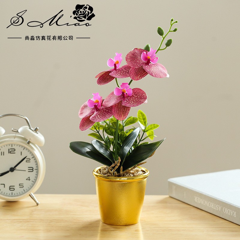 Orquídea de mariposa de tres cabezas de flores falsas bonsai estilo nórdico decoración interior flores artificiales imitación de maceta image 3