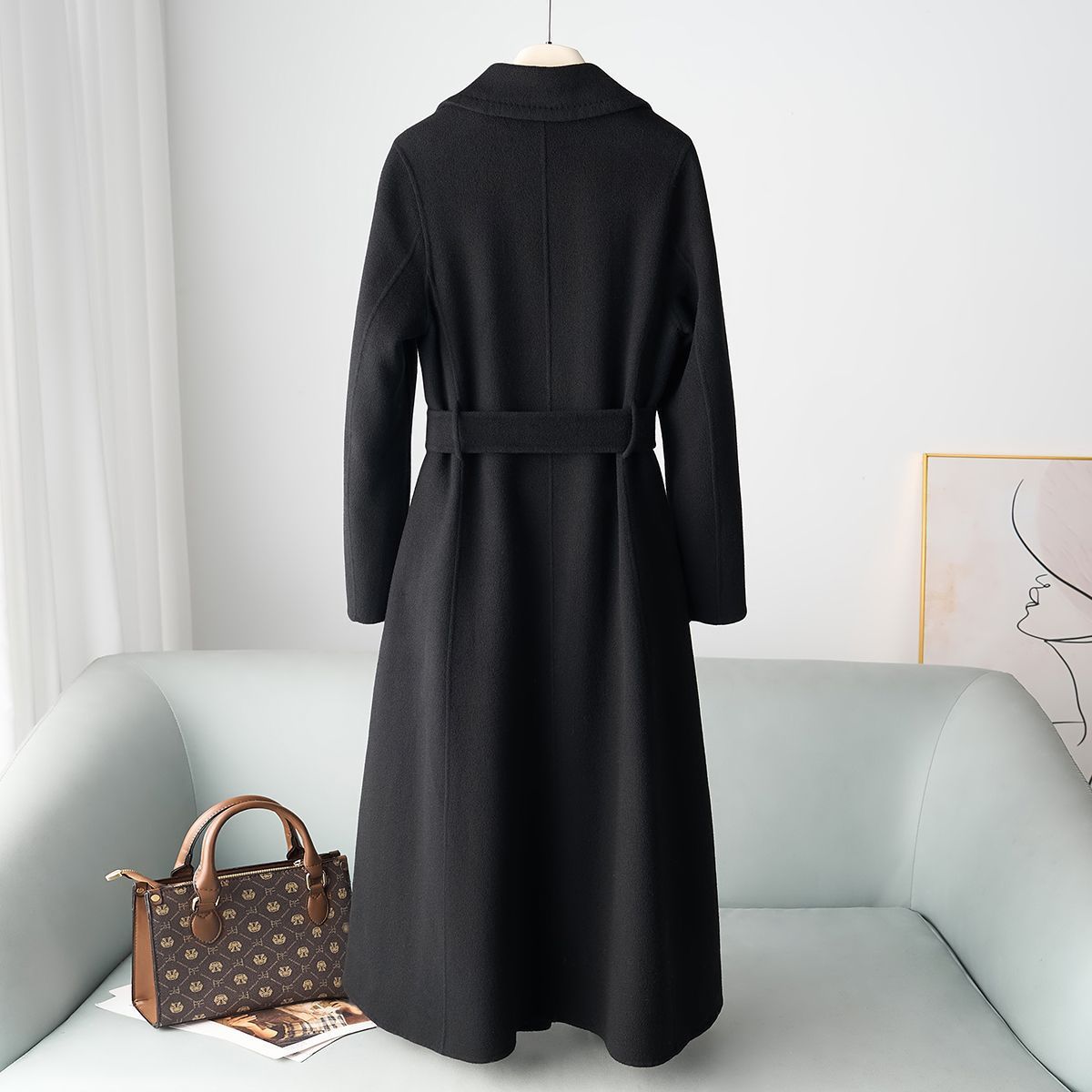 Women's Double-Faced Wool Coat With 30% Cashmere, Belted Trench Style, Elegant Long Coat For Autumn Winter, Pure Color, Office & Casual Wear_voghion.com