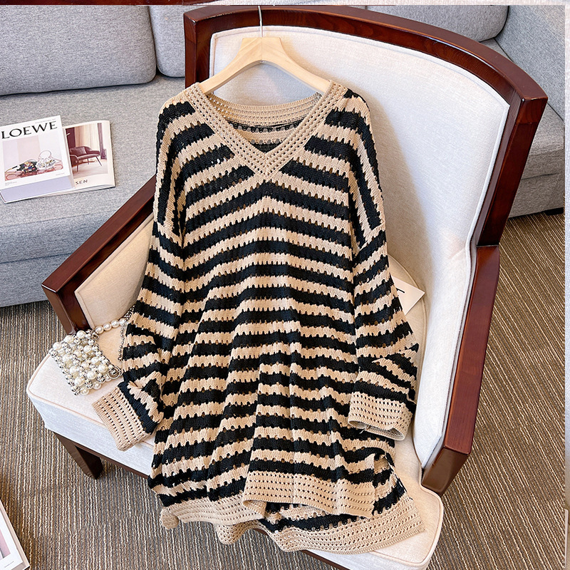 Plus Size Women's Early Autumn New Loose Striped Collar Sweater Long-Sleeved Fat Mid-Length Belly-Covering Top