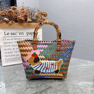 New Retro Striped Dachshund Multicolor Open Woven Tote Bag Commuter Women's Handbag Woven Bag