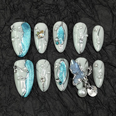 ins風歐美杏仁甲小紅書同款手工穿戴甲浮雕貓眼美甲貼片穿戴假指