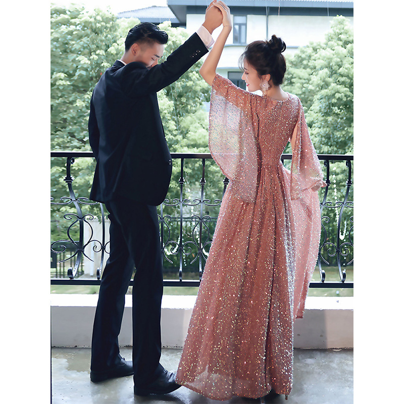 Vestido de noche para anfitriona de banquete 2026, largo, elegante, con lentejuelas, para fiesta o reunión anual, para mujer, con cuello en V profundo y efecto adelgazante. image 4