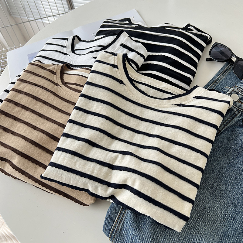 Chic three-dimensional lace contrast color striped T-shirt women's summer Korean style loose cotton artistic top versatile bottoming shirt