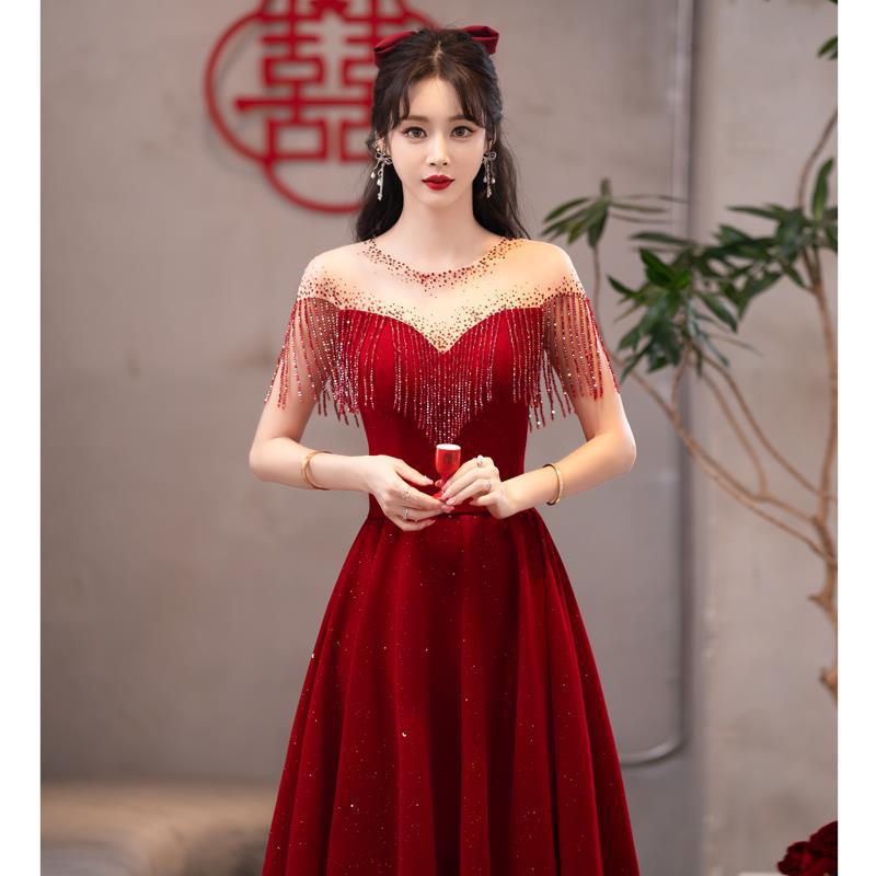 Vestido de novia color burdeos para primavera, para novias de talla pequeña, vestido de compromiso transfronterizo, vestido de noche para mujer.