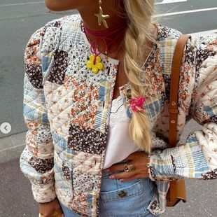 Cross-border women's clothing 2023 autumn and winter New European and American style fashionable ins printed long-sleeved quilted jacket women's top