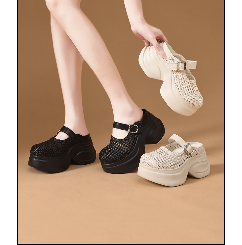 Dép sandal nữ đế dày tăng chiều cao, quai chữ V, mũi kín, phong cách xốp mát — màu đen chi tiết 17