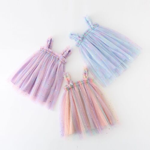 New Kids Dress Sparkling Star Rainbow Straps Net Fabric Puffed Dress Baby Photo Princess Dress Dropshipping