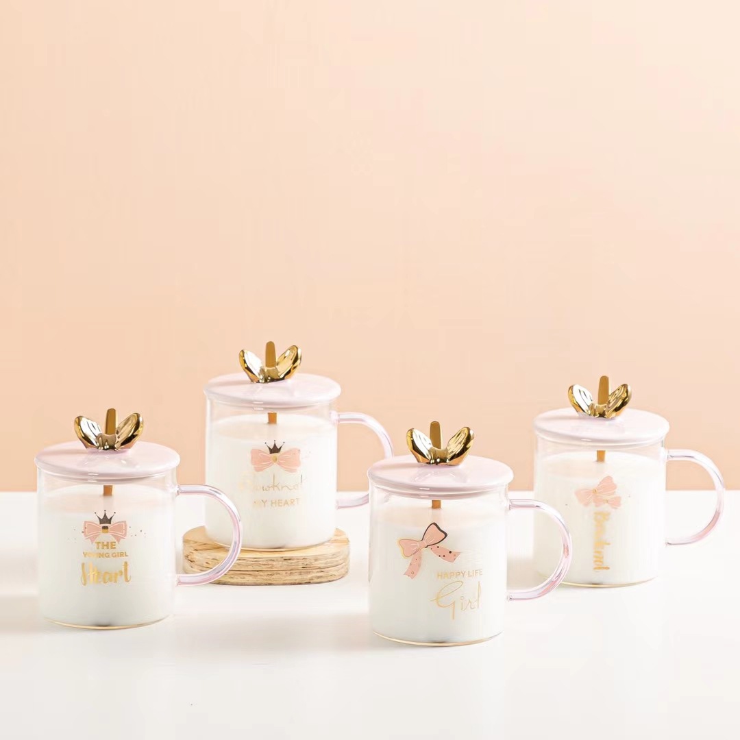Estilo japonés creativo Rosa chica corazón cristal transparente arco regalo personalizado taza con tapa cuchara taza de café
