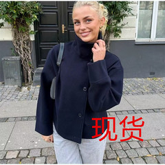 跨境欧美女装新款夹克气质优雅立领单排扣宽松毛呢外套批发