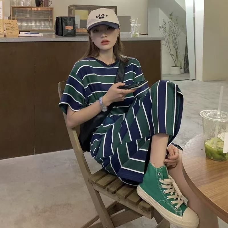 Korean Style Long Stripesd Over-The-Knee T-Shirt for Women Summer 2025 American Large Version Western Style Extra Long T-Shirt Skirt Short-Sleeved Dress