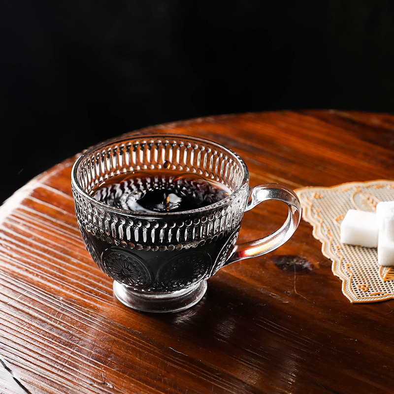 Hogar nórdico retro relieve flor del sol taza de café leche desayuno taza de vidrio gran capacidad con mango taza de té