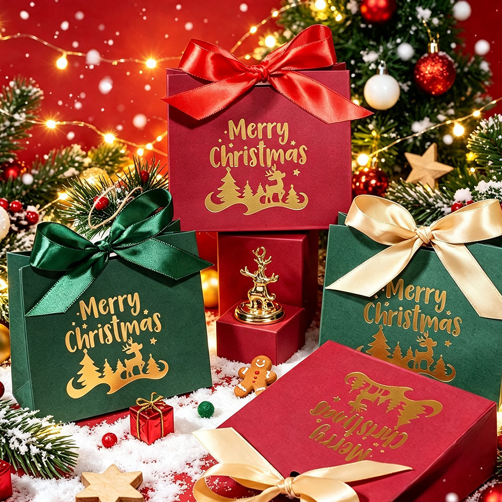 New cross-border Merry Christmas gold-stamped Christmas gift bag, red and green reindeer gift packaging box