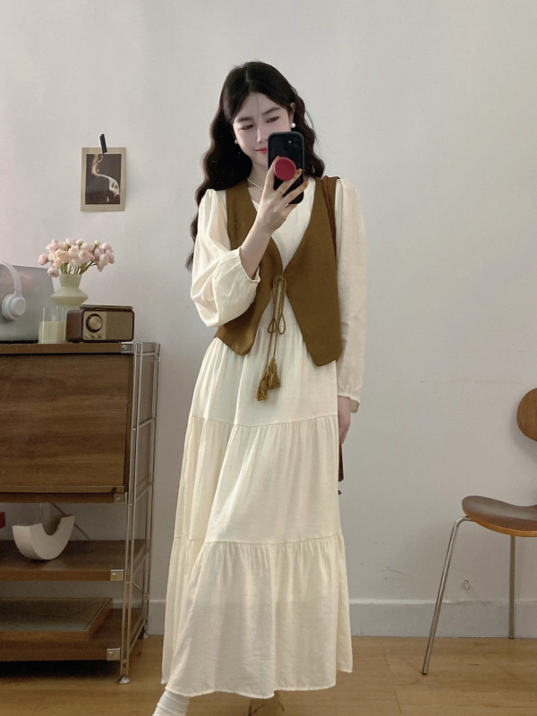大码女装早秋新款长袖连衣裙套装马甲文艺宽松显瘦套装|undefined
