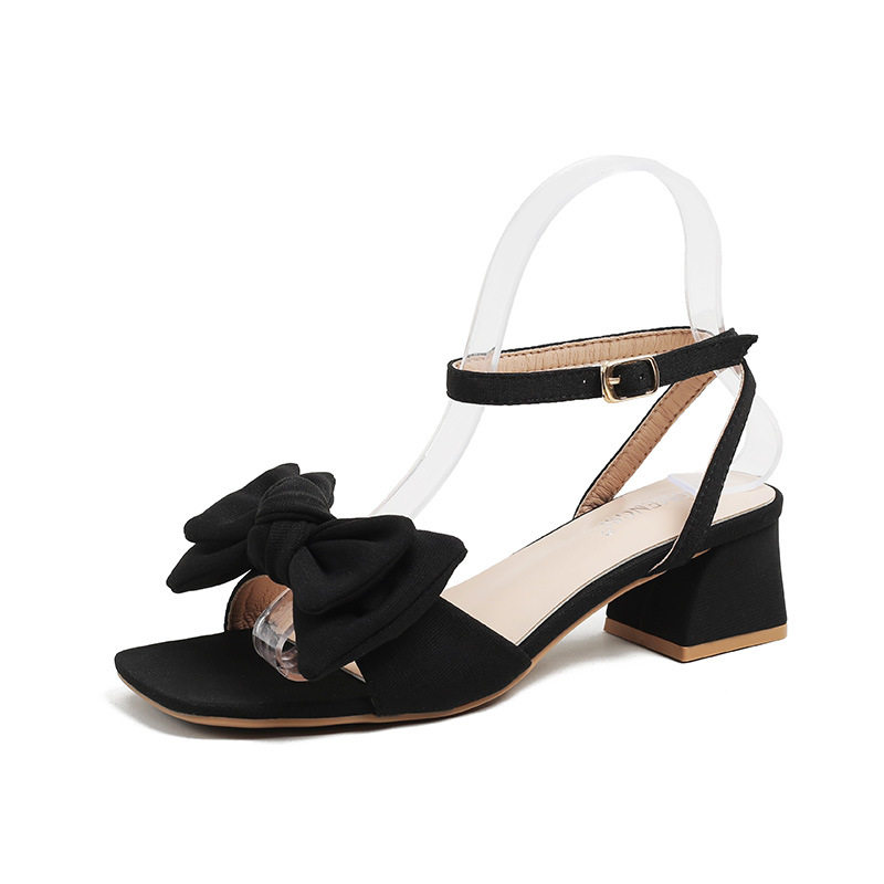 Dép sandal nữ quai ngang mũi vuông gót thấp 5 cm đế mềm, thắt nơ kiểu Pháp — Màu mơ, Màu đen