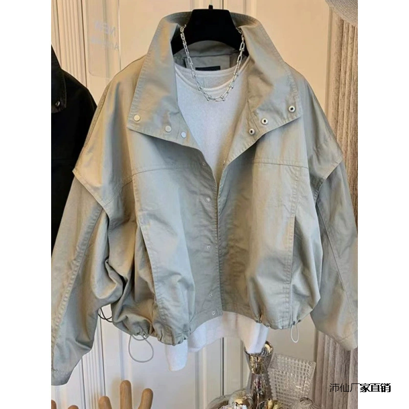 Short oversized trench jacket for teens, autumn, double-layer lining, casual cropped style