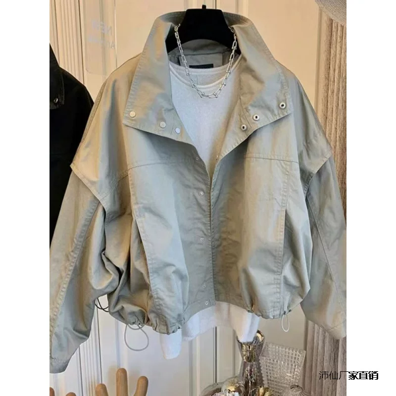 Short oversized trench jacket for teens, autumn, double-layer lining, casual cropped style