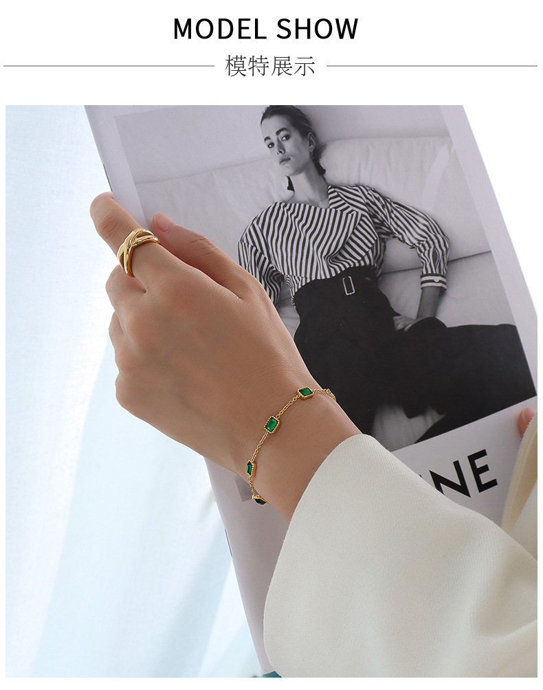 European and American inlaid emerald zircon gold square titanium steel bracelet