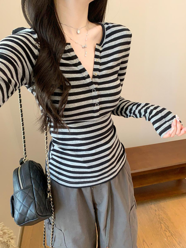 美式复古辣妹条纹亨利领长袖T恤女早秋内搭修身miu系打底衫bm上衣|undefined