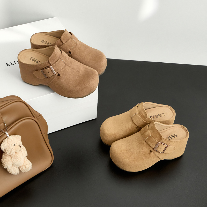 9cm height-increasing slip-on thick-soled closed-toe mules for petite women, 2026 new Birkenstock style shoes for outdoor wear