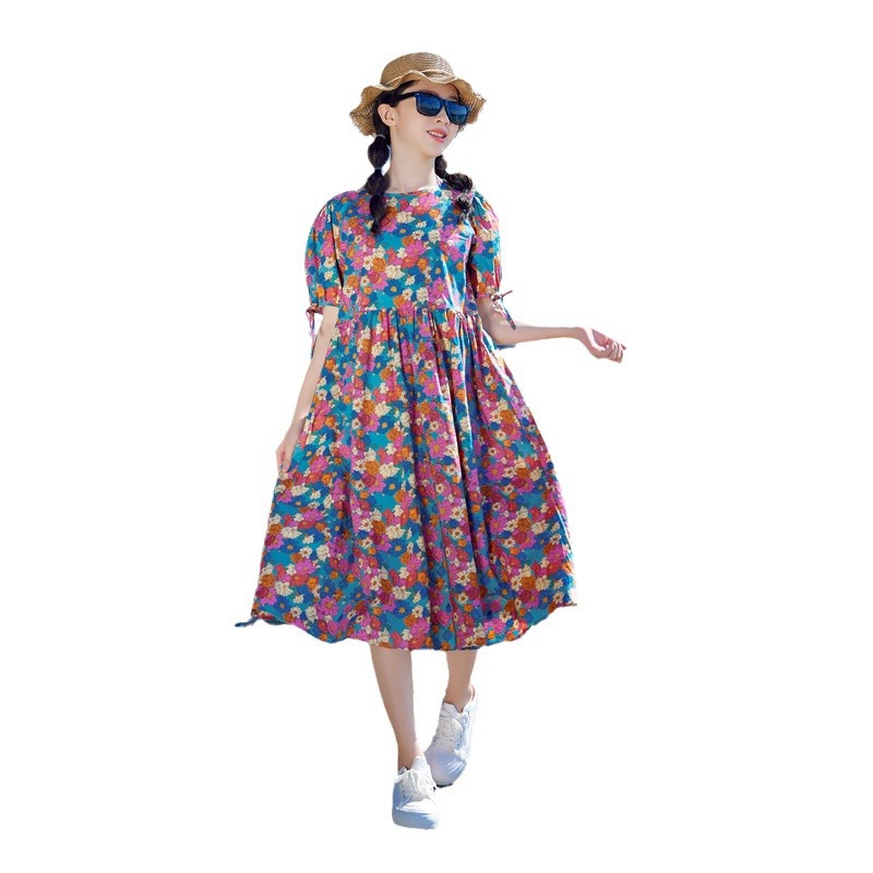 Vestido para niñas de manga corta Verano 2024 nuevo vestido de princesa artística suelta con estampado de flores para niños medianos y grandes