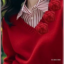 红色韩系百搭假两件针织衫女气质通勤减龄衬衣领拼接毛衣打底衫秋