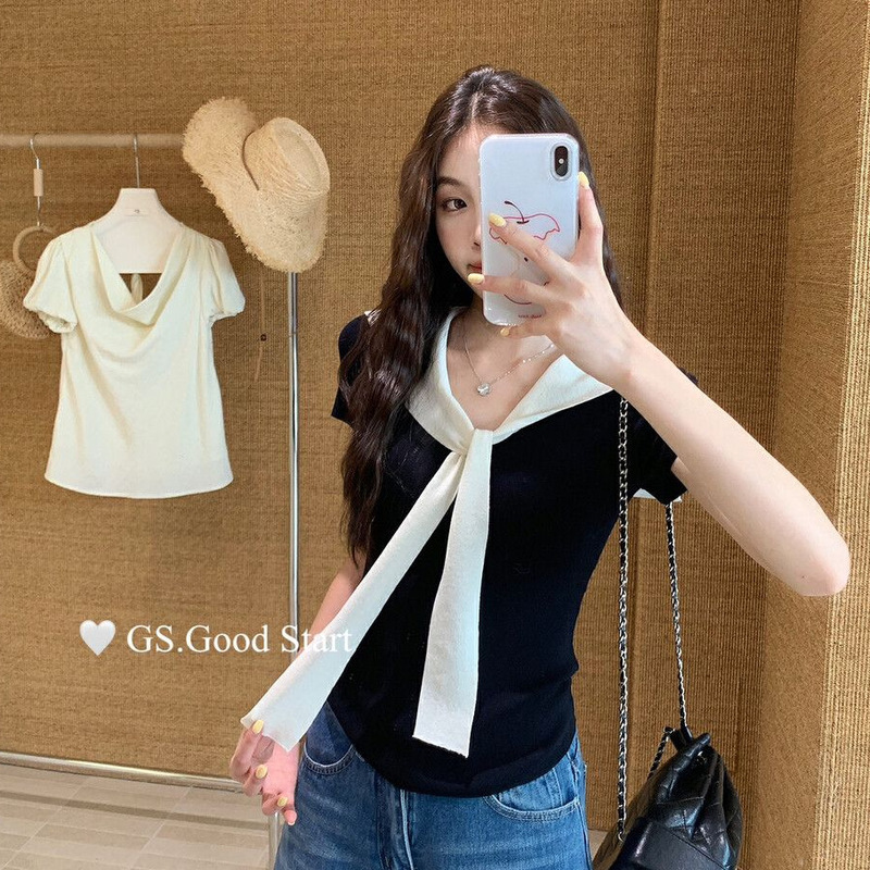 Sea Breeze Holiday Gs.Good Start Super Age-Reducing Girly Navy Collar Contrasting Short-Sleeved Knitwear for Women Sea Breeze Holiday Gs.Good Start Super Age-Reducing Girly Navy Collar Contrasting Short-Sleeved Knitwear for Women