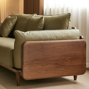 Ink Lanting Black Walnut Sofa Solid Wood Retro Small Apartment Living Room Leather Sofa Log Straight Row Four
