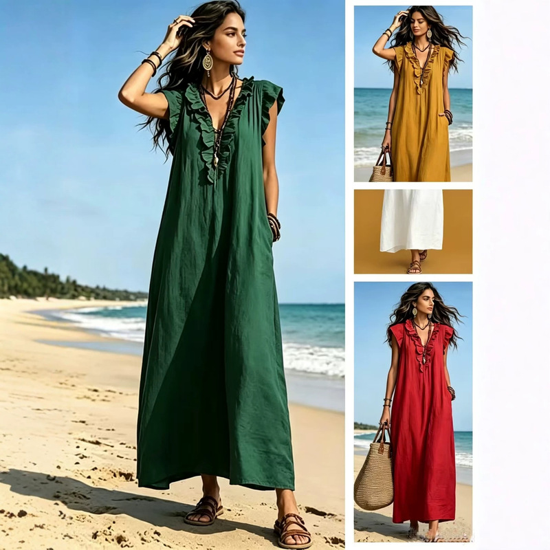 2026 European and American cross-border Amazon women's spring/summer new bohemian resort-style v-neck floor-length dress 2026 European and American cross-border Amazon women's spring/summer new bohemian resort-style v-neck floor-length dress
