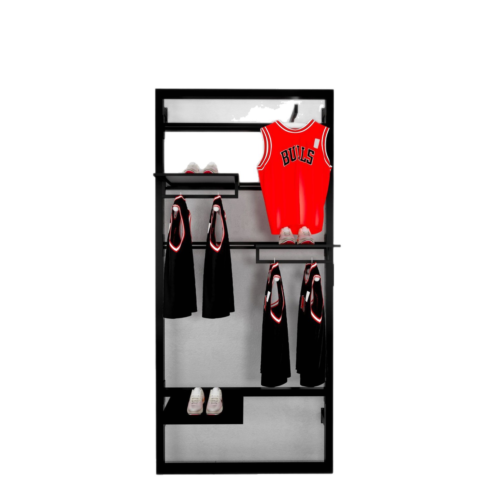 Estante de exhibición de artículos deportivos personalizado estante de exhibición deportiva marca de descuento tienda de zapatos y ropa estante de exhibición de pared