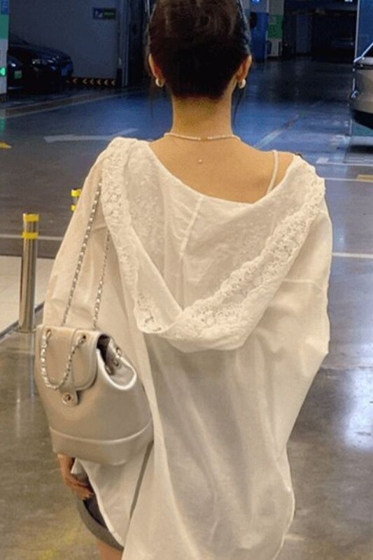White Lace Cap Sun Protection Shirt Jacket, Thin Style for Women, 2025 New Autumn French Chic Loose Unique Top