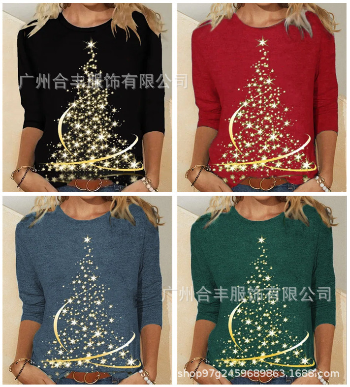 European and American cross-border platform AliExpress Amazon autumn and winter New Christmas printed round neck pullover long sleeve women's T-shirt