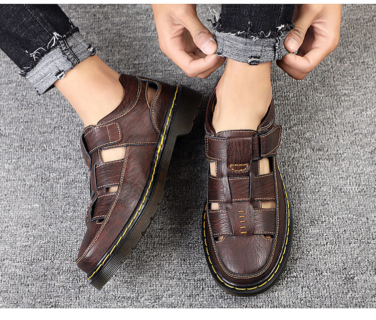 Dép sandal nam da thật bít mũi đế dày dán Velcro cỡ lớn — 202122 màu đen, 202122 đỏ nâu, Màu xám 202122 chi tiết 25