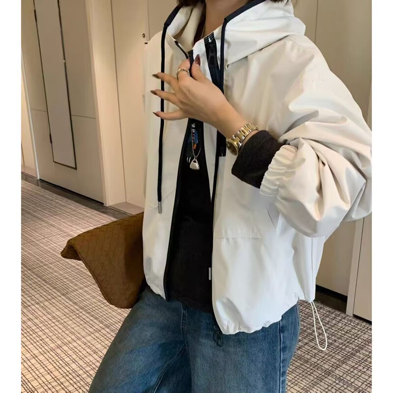 设计感连帽冲锋衣短外套女2025秋季宽松显瘦百搭休闲工装夹克上衣|undefined