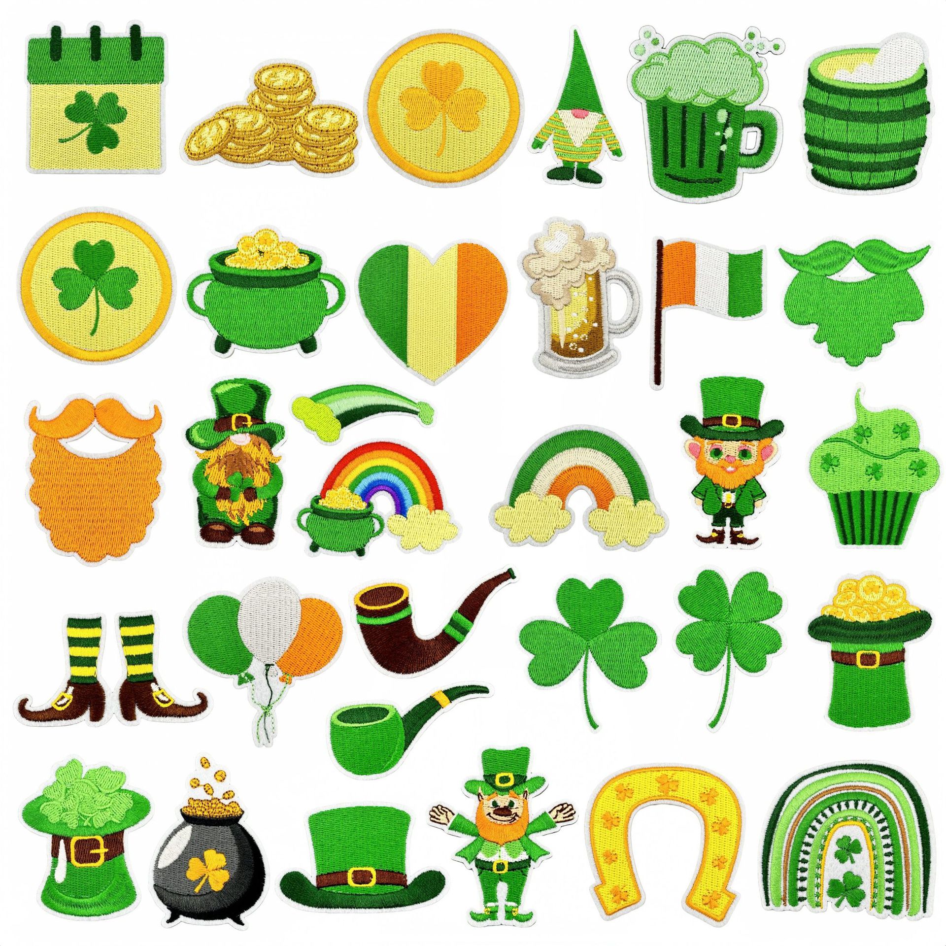 Cross-border New Irish Cloth Sticker Party Embroidery Holiday Decoration Cartoon Green Embroidered Badge Badge Bands Gummed