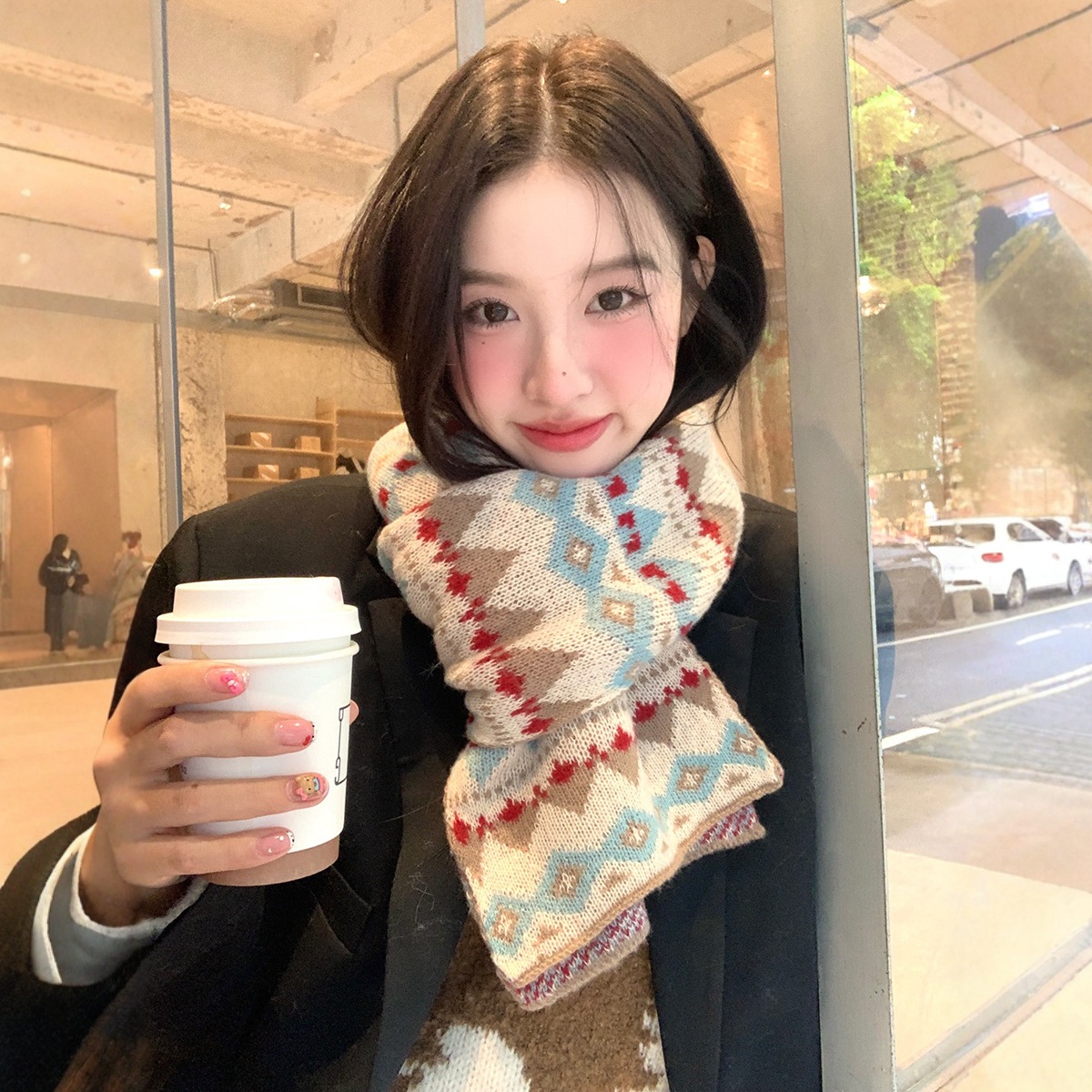 新款高级感休闲百搭加厚保暖围脖冬季费尔岛风复古提花针织围巾女