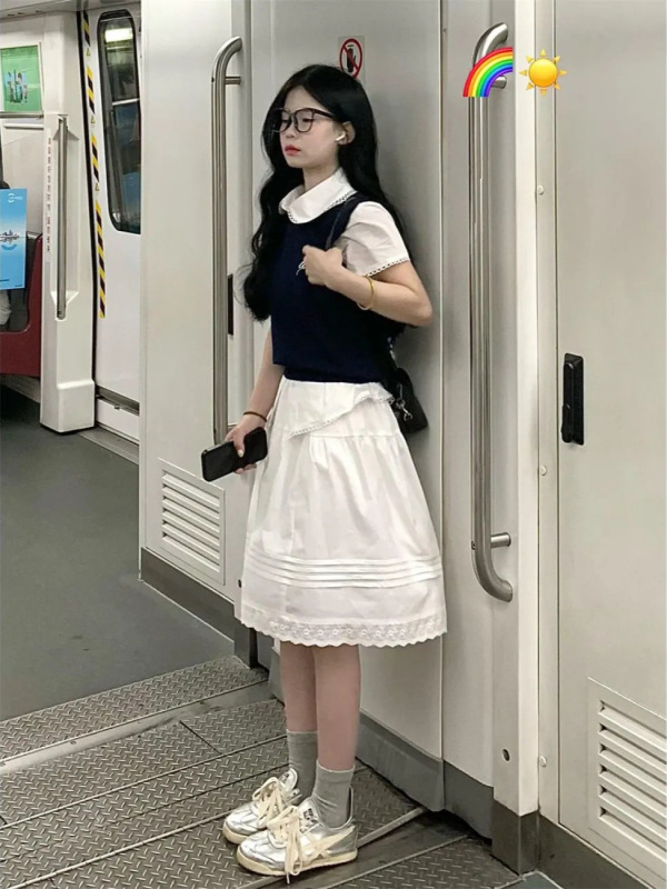 韩系气质休闲运动服套装女夏季2025新款衬衫短袖背心半身裙三件套|undefined