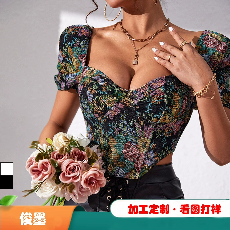 Ins трансграничная Внешняя торговля новый сексуальный с открытой спиной Пышный рукав рыбья кость слинг нишевый суд Ретро маленький жилет 60185