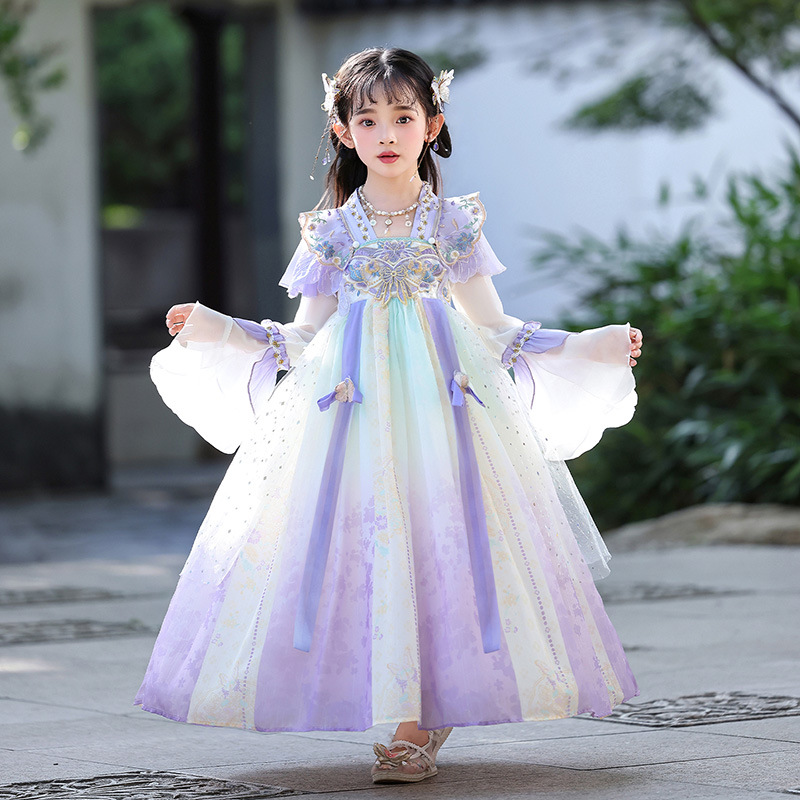 Children's Chinese Style Elegant Tang Suit Ancient Costume Dress for Girls, New Spring Hanfu Fairy-Like Dress