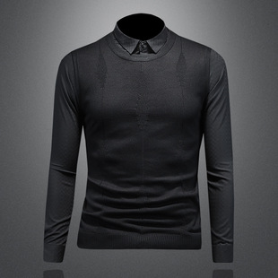 2024 Autumn and Winter New Fake Two-piece Sweater Men's All-match Fashionable Korean Style Slim-fit Casual Base Shirt 3631