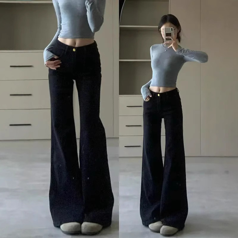 Black Flared Jeans for Women, 2025 Spring and Autumn Style, Mid-Waist, Slimming, Stretchy, Non-Tight-Fitting, Wide-Leg Flared Pants