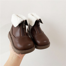 2023冬季新款時尚翻領女童皮靴中小童加絨保暖童鞋兒童潮流棉靴