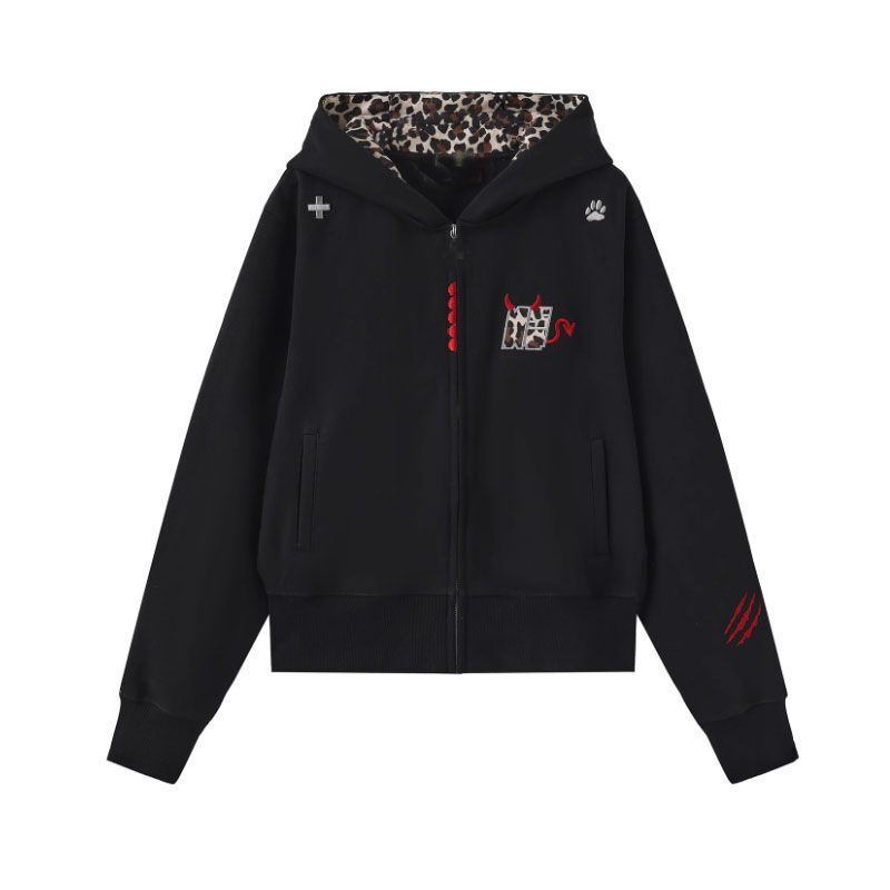Spot 2025 Autumn New Little Devil Leopard Print Splicing Hooded Sweatshirt Jacket Women's American Loose Top # 2236