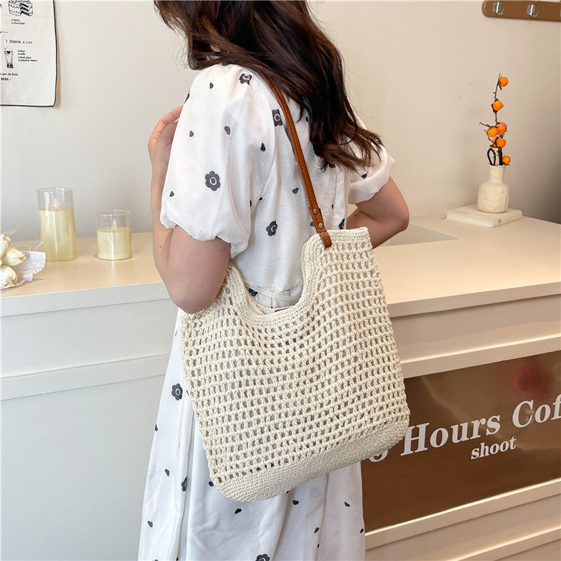 Luxury Hand-Woven Women's Large Capacity Shoulder Bag, Cotton Straw Tote For Vacation And Beach