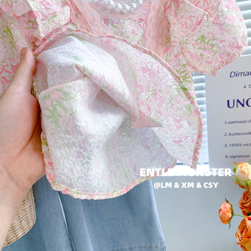 Ningli summer new soft floral girls' tops Korean style doll collar small flying sleeves design girls' shirt short sleeves