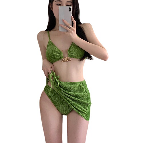 Green velvet bikini three-piece European and American ins style white sexy split swimsuit Sanya vacation hot springs